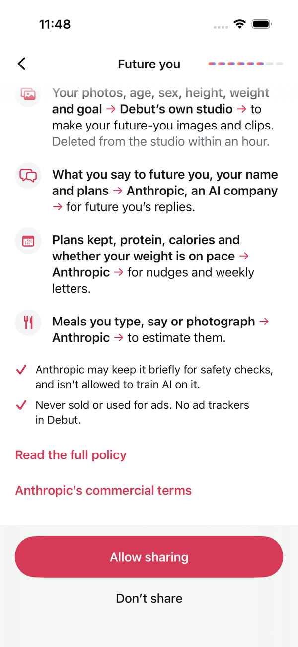 Debut's consent-to-share screen, listing what goes where: your photos to Debut's own studio, deleted within an hour; what you say to future you to Anthropic, an AI company; never sold or used for ads. Buttons: Allow sharing, and Don't share.