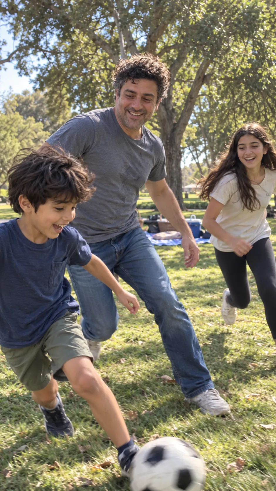AI-generated example of a future self: a man playing soccer with his son and daughter in a sunny park.