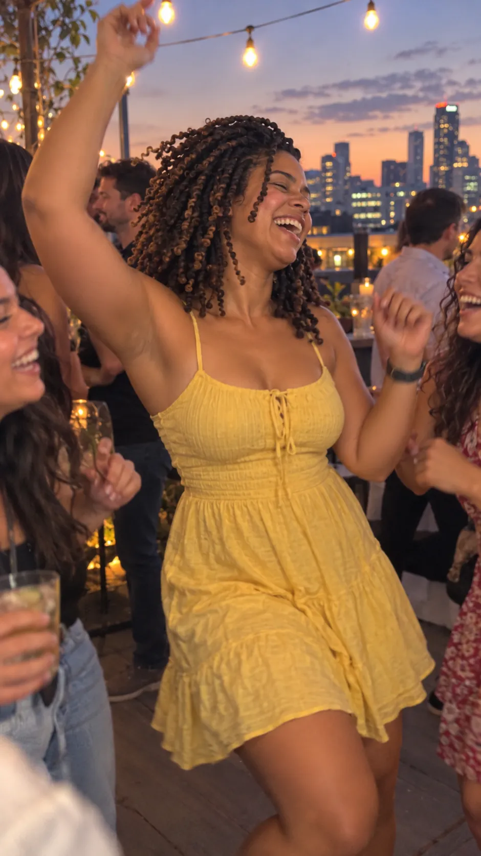 AI-generated example of a future self: a woman in a yellow dress dancing with friends at a rooftop party at dusk.